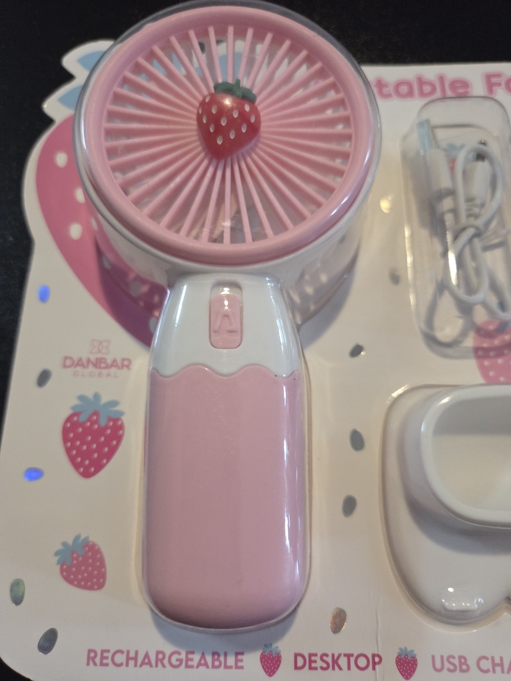Pink Strawberry Rechargeable Kids Handheld Fan